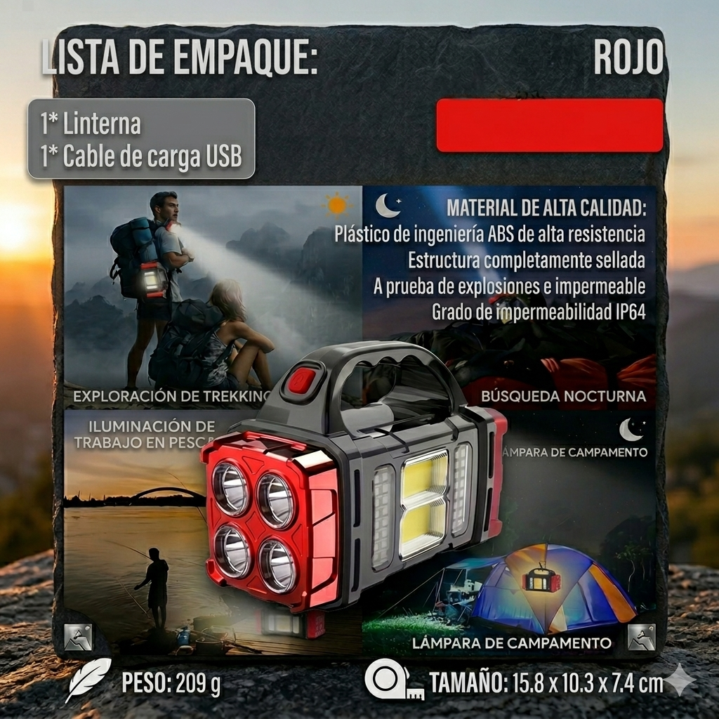 Linterna LED Solar Recargable – 4 Modos | Powerbank de Emergencia