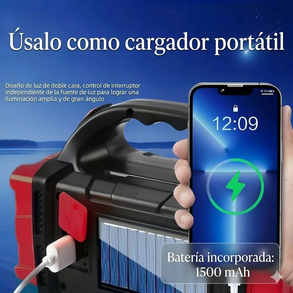 Linterna LED Solar Recargable – 4 Modos | Powerbank de Emergencia