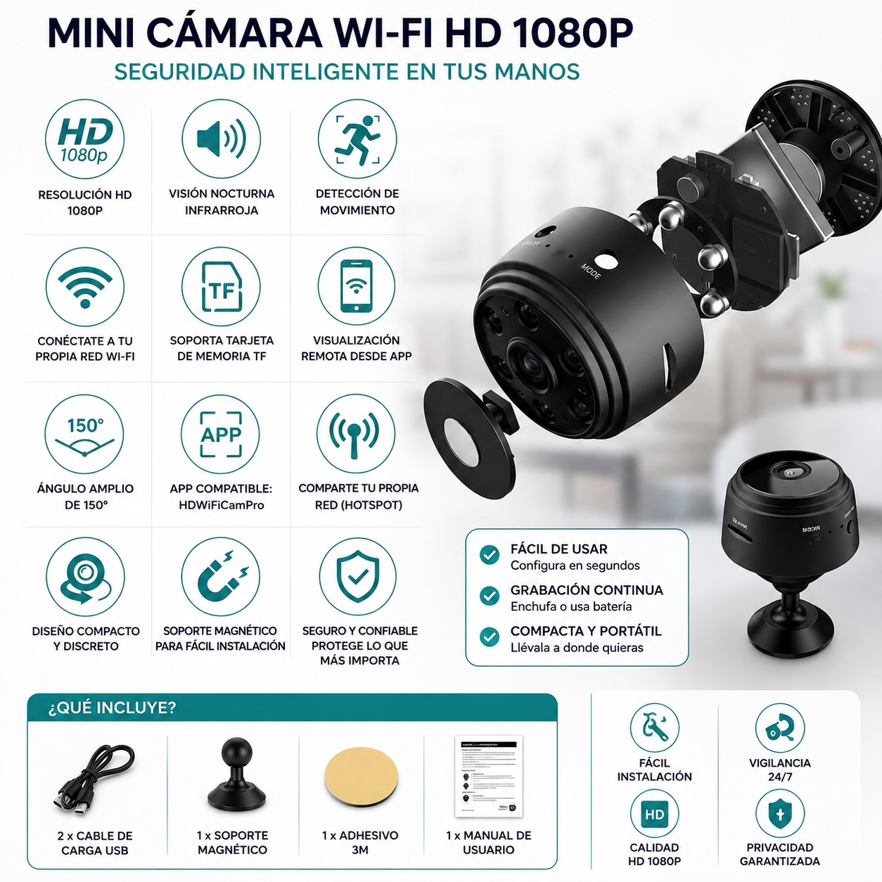 Mini Cámara WiFi Magnética Full HD 1080P™