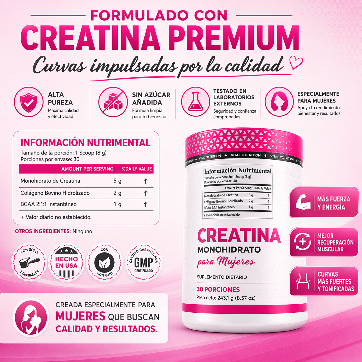 💜Creatina Premium para Mujer – Fuerza, Energía y Bienestar Diario